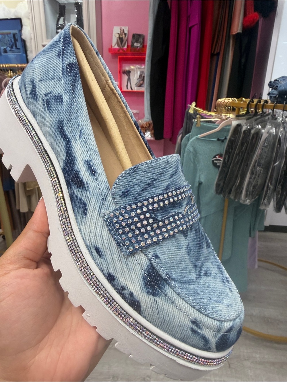 Cape Robbin Light Blue Denim Crystal-Trim Slip-On Loafer